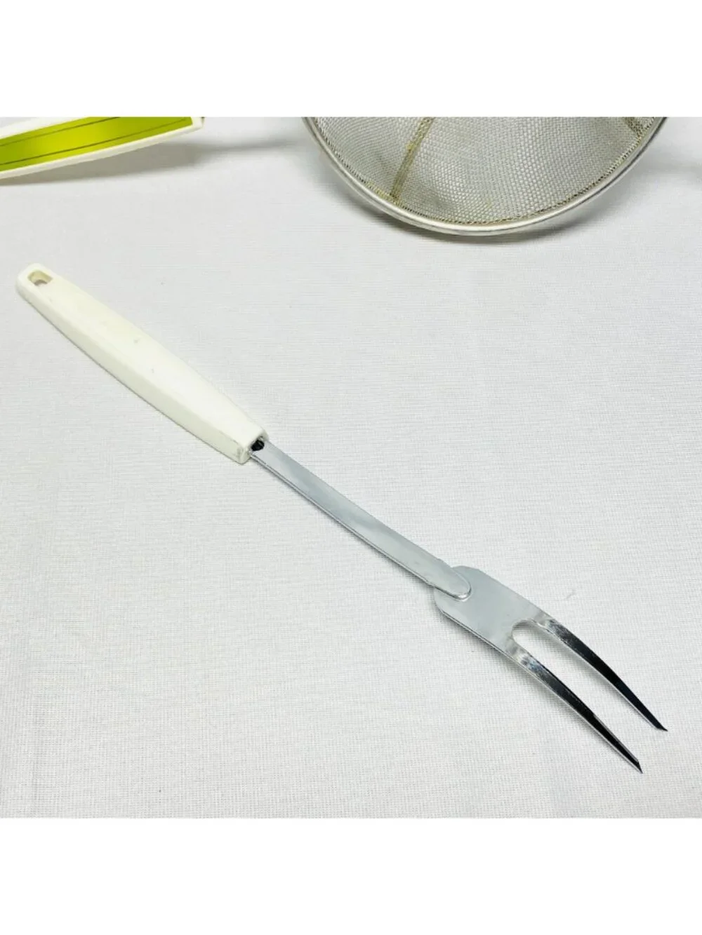 Vintage EKCO Chrome Strainer & Carving Fork Set Green USA-Made Kitchen Tools